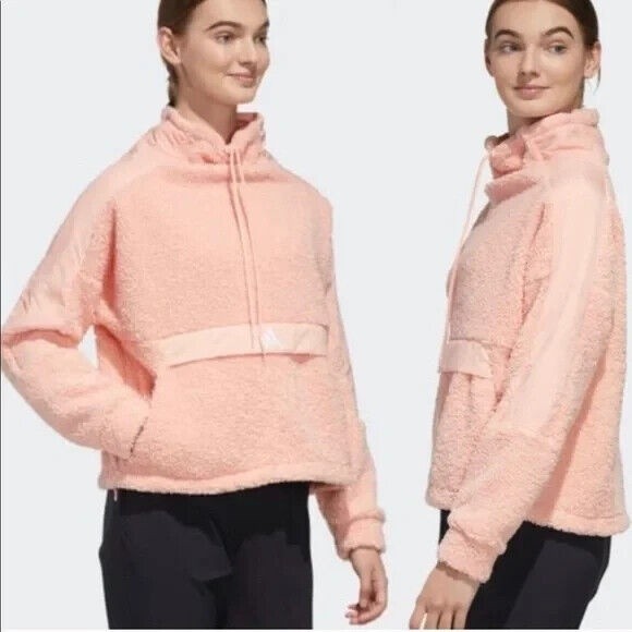 Adidas Pink Sherpa Pullover Sweatshirt Teddy Jacket Sz Small High Neck Oversized - Picture 1 of 10